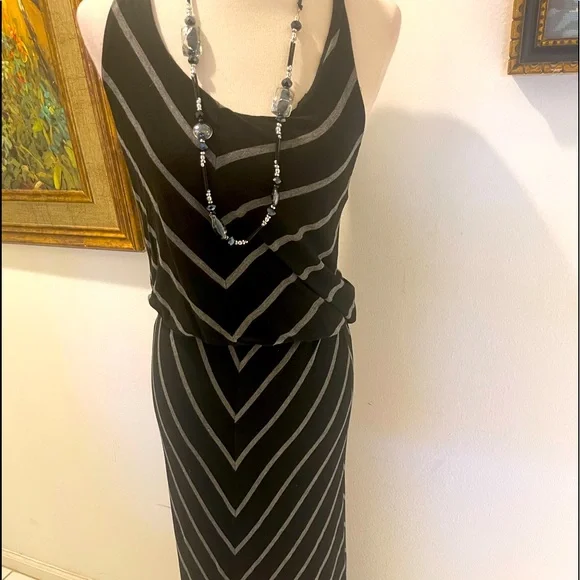 Elan | Dresses | Elan Black Gray Stripe Elastic Waist Maxi L | Poshmark
